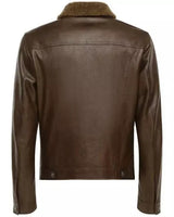Men's Shiny Leather Jacket with Shearling Collar | Shiny Brown