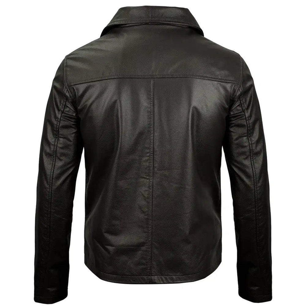 Men's Vintage Harrington Leather Jacket with Shirt Collar | Black