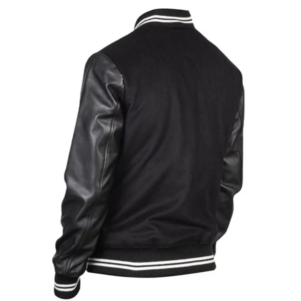 Men's Harrington Bomber Leather Varsity Style Jacket | Black