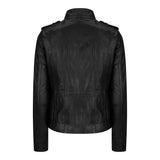 Women's Leather Motorcycle Jacket Multiple Zip Pockets Stand Collar | Black