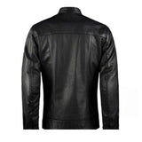 Men's Leather Biker Jacket with Red Stripes, Zip Front | Black