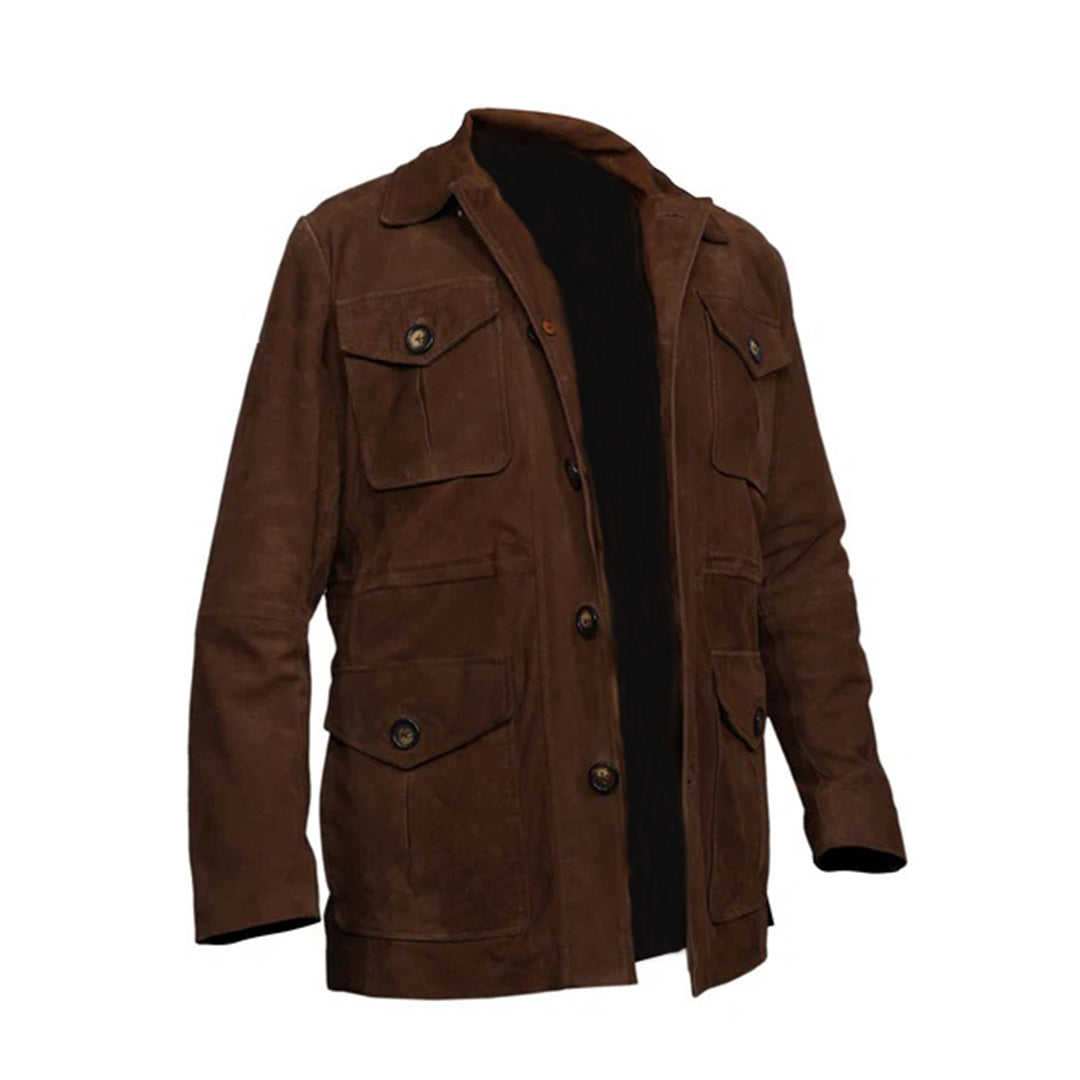 Men's Suede Leather Blazer Coat Multiple Pockets | Brown