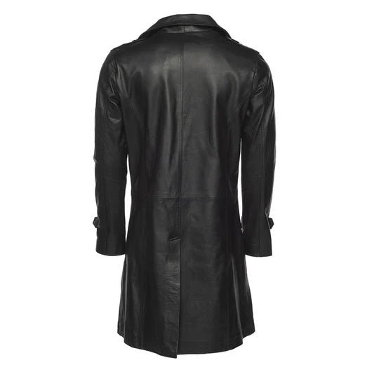 Mens Double Breasted Leather Trench Coat | Black