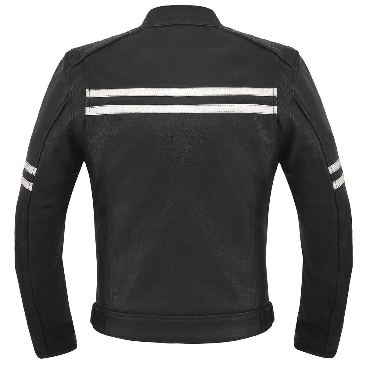 Men's Motor Cycle Leather Jacket with white Stripes Black Shoulders | Black