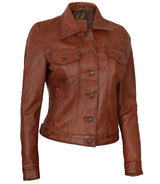 Women's Leather Harrington Moto Trucker Jacket | Brown