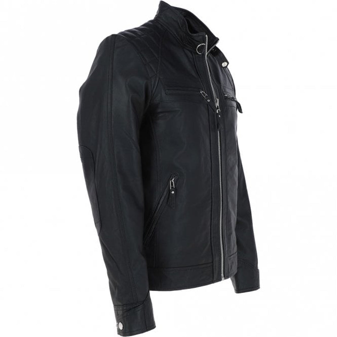 Men's Motorcycle Leather Jacket, Multiple Zippered Pockets | Black