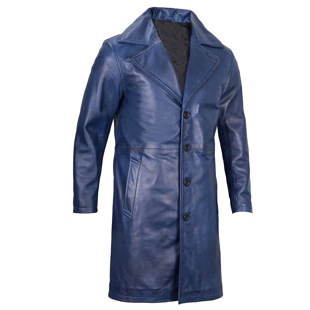 Men's  3/4 Length Trench Leather Coat | Navy Blue