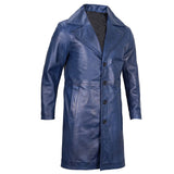 Men's  3/4 Length Trench Leather Coat | Navy Blue