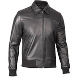 Men's Bomber Leather Jacket  Ribbed Collar & Cuff | Black