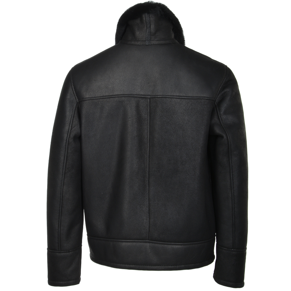 Men's Sheepskin Genuine Leather Jacket with Fur Collar | Black