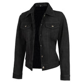 Women's Suede Trucker Leather Jacket | Black