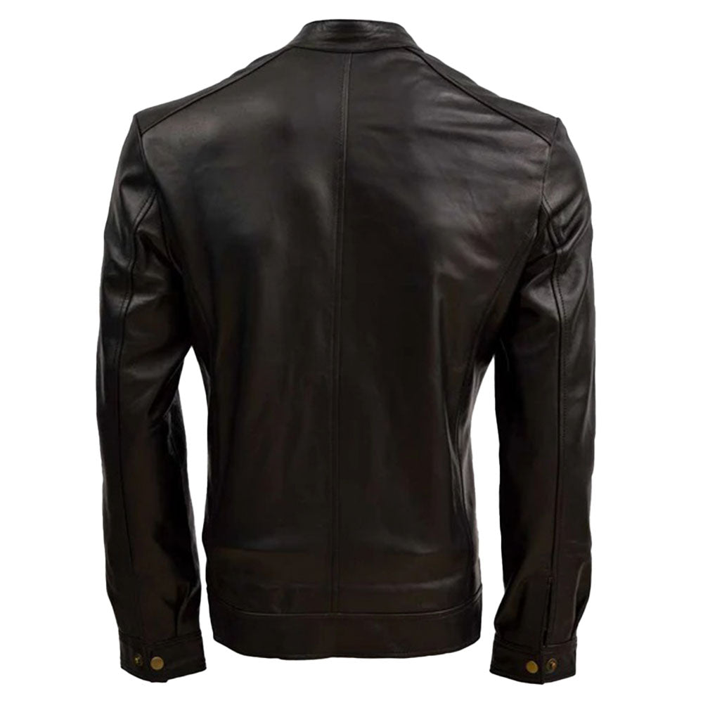 Men's Sheep Leather Moto Jacket with Stand Collar, Zip Closure | Black