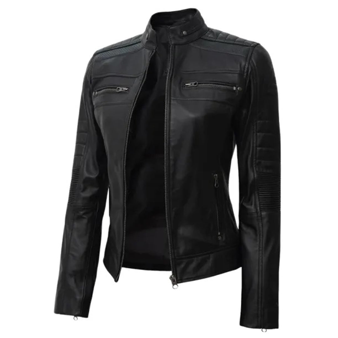 Women's Leather Cafe Racer Biker Jacket with Stand Collar, Padded Shoulders & Sleeves | Black
