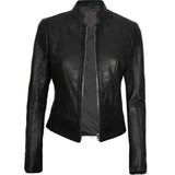 Women's Cafe Racer Motorcycle Leather Jacket, Stand Collar, Front Zipper | Black