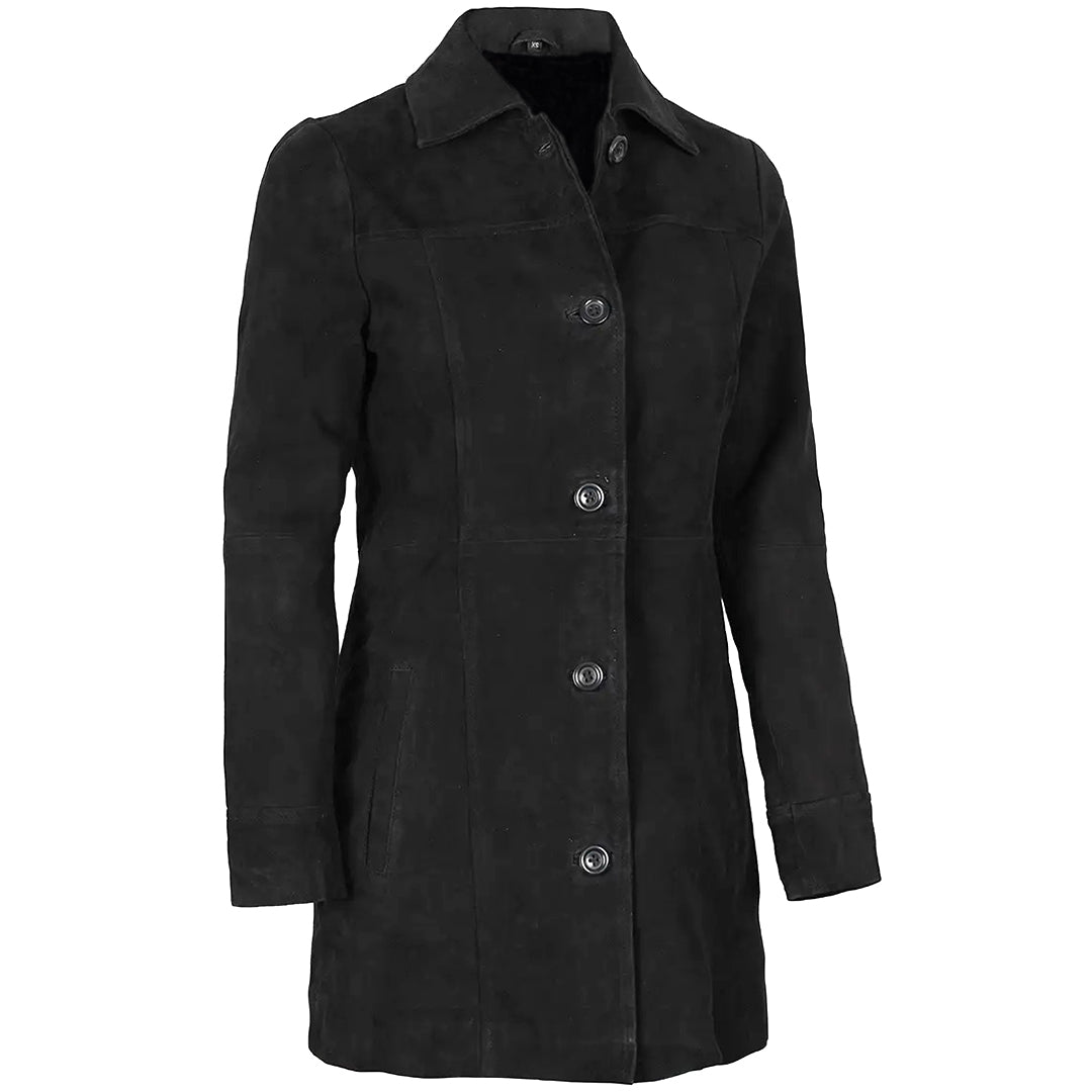Women's Suede Leather Trench Coat Front Button | Black