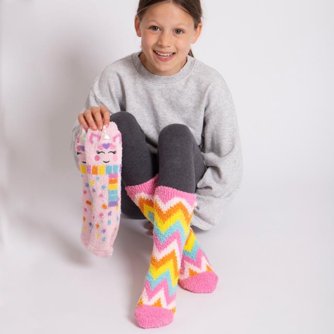 Totes Toasties SUPER SOFT SLIPPER SOCKS (TWIN PACK) Unisex Kids Socks Unicorn / Zig Zag