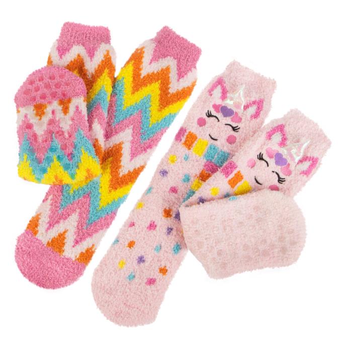 Totes Toasties SUPER SOFT SLIPPER SOCKS (TWIN PACK) Unisex Kids Socks Unicorn / Zig Zag