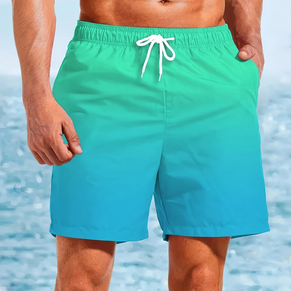 Men's Bright Green Gradient Beach Shorts - 3D Print Swim Trunks with Drawstring, Quick-Dry & Lightweight for Summer Activities
