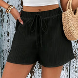 Solid Textured Knotted Detail Shorts, Elegant Mid Waist Shorts For Women