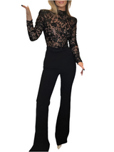 Black See-through Lace Long-sleeved Trousers Jumpsuit