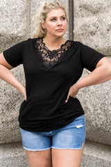 Black Plus Size Crochet Stitching Short Sleeve Top