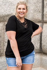 Black Plus Size Crochet Stitching Short Sleeve Top