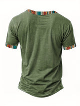 Men's Stylish Green Henley Shirt with Vibrant Tribal Pattern - Casual Short Sleeve V-Neck Tee for Summer, Polyester Knit Fabric, Casual V-neck Shirt