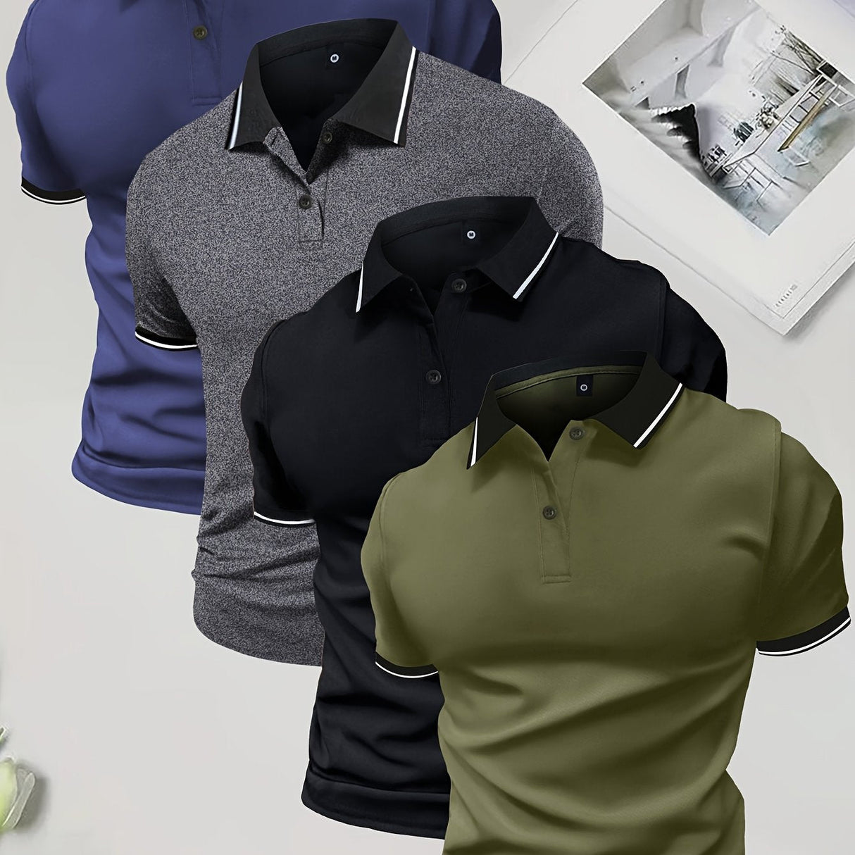 4-Pack Men's Summer Polo Shirts, Solid Color Short Sleeve, Regular Fit, Knit Stretch, Casual Sportswear Tops