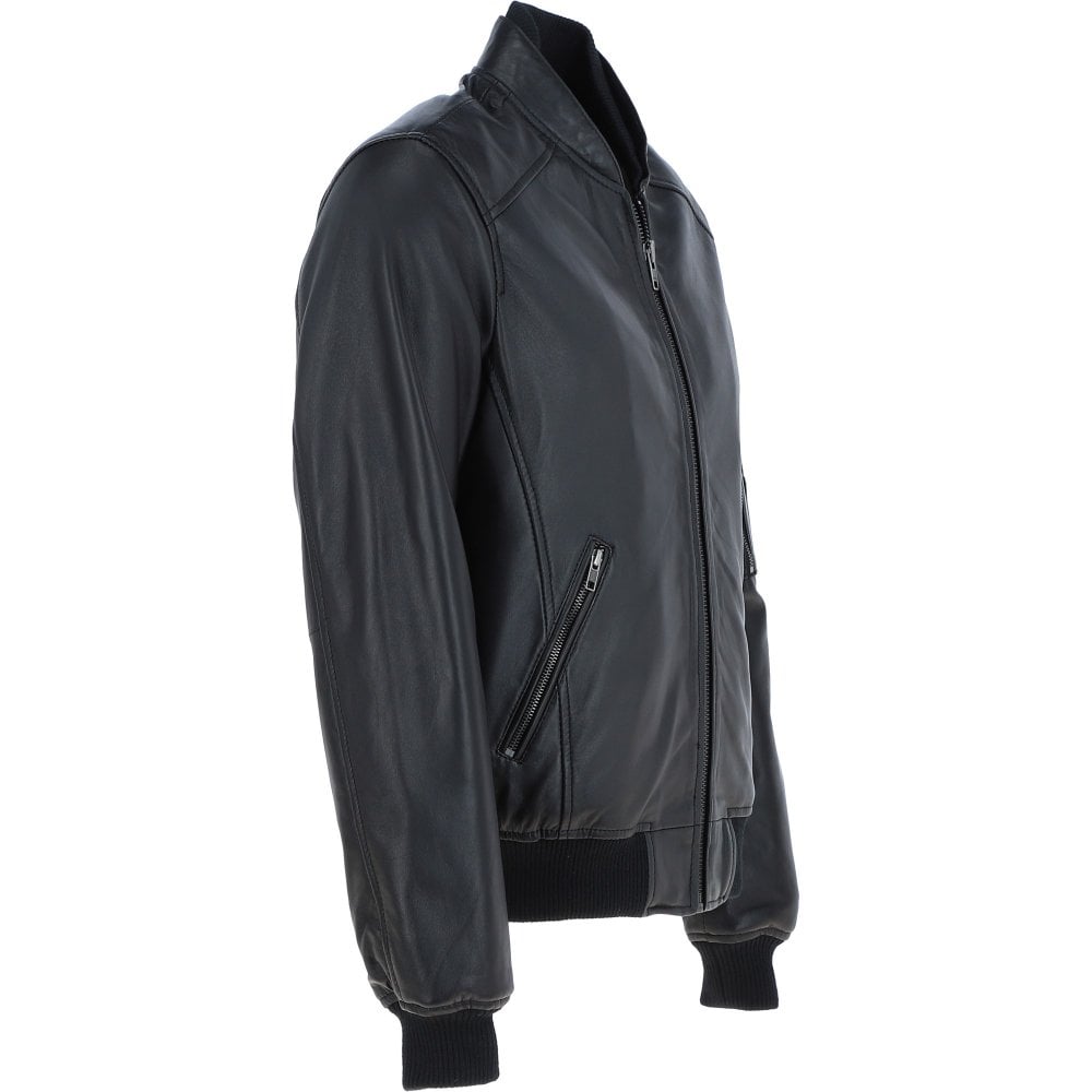 Men's Leather Bomber Jacket, Zip Front, Multiple Pockets | Black
