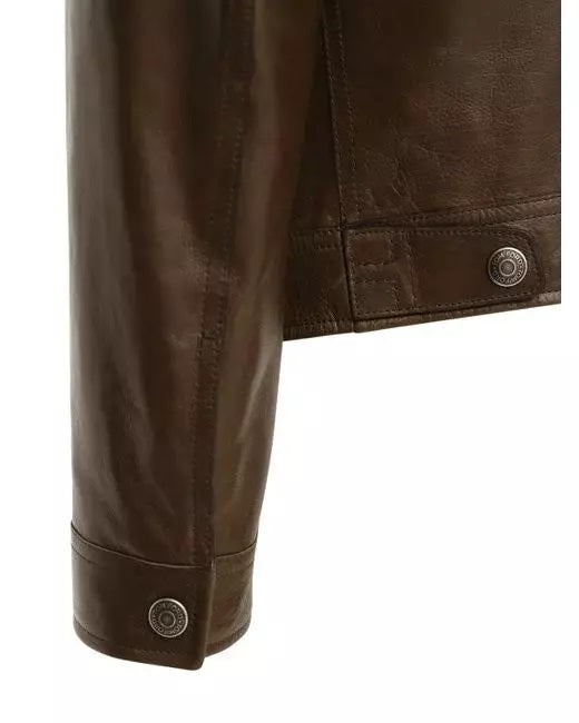 Men's Shiny Leather Jacket with Shearling Collar | Shiny Brown