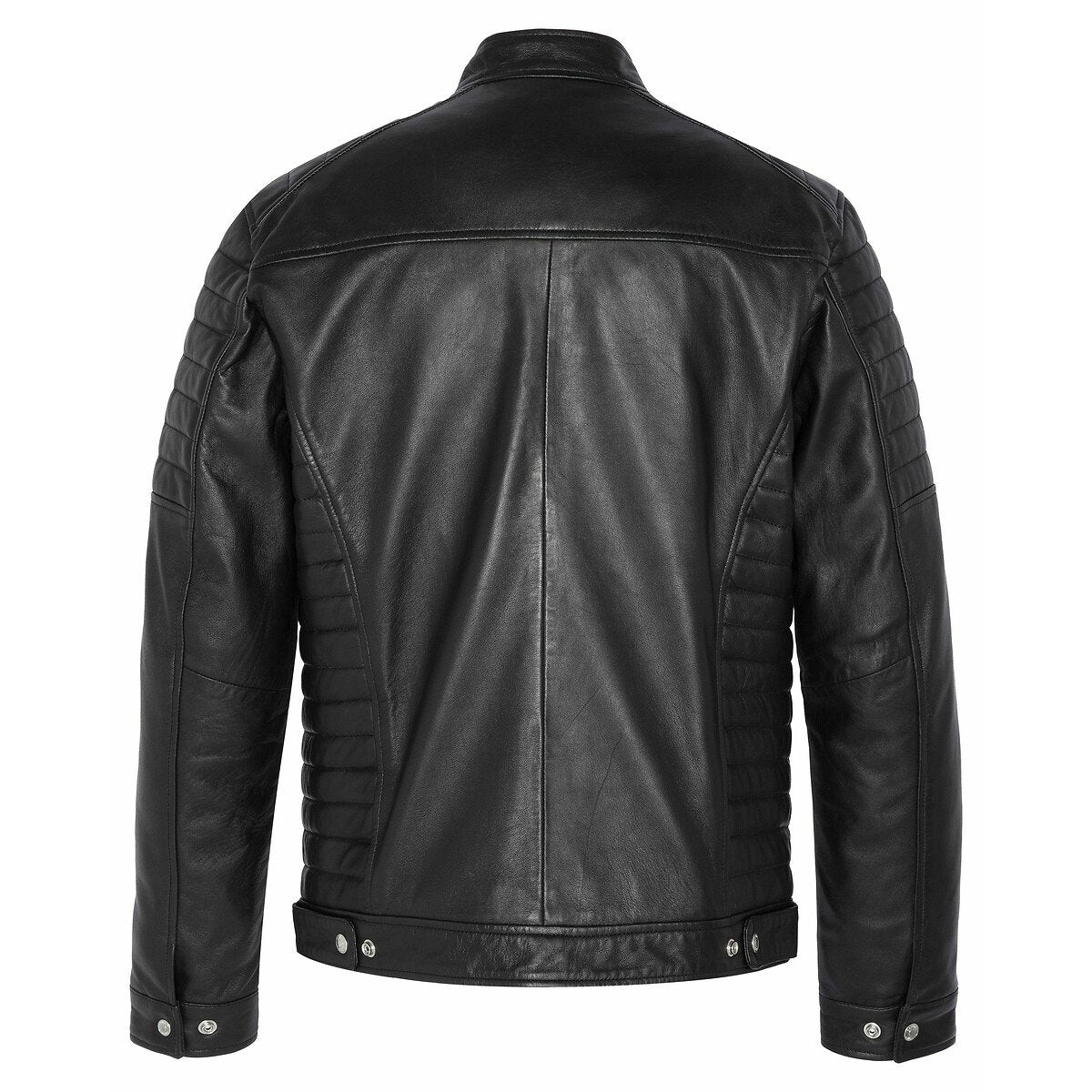 Men's  Leather Jacket with Zippers and Quilted Shoulder | Black