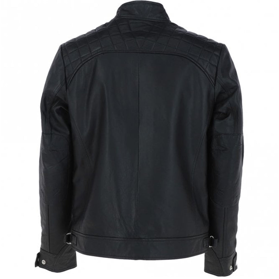 Men's Motorcycle Leather Jacket, Multiple Zippered Pockets | Black