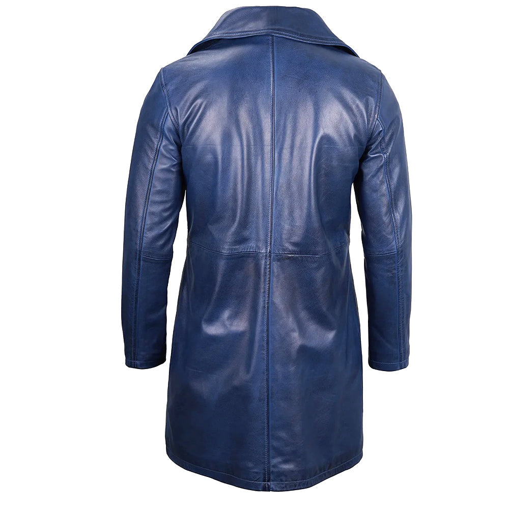 Men's  3/4 Length Trench Leather Coat | Navy Blue