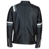 Men's Motorcycle Leather Jacket Gray & White Stripes | Blue & Black