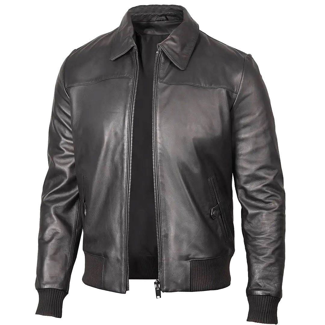 Men's Bomber Leather Jacket  Ribbed Collar & Cuff | Black