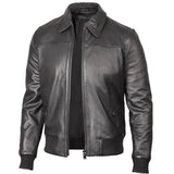 Men's Bomber Leather Jacket  Ribbed Collar & Cuff | Black