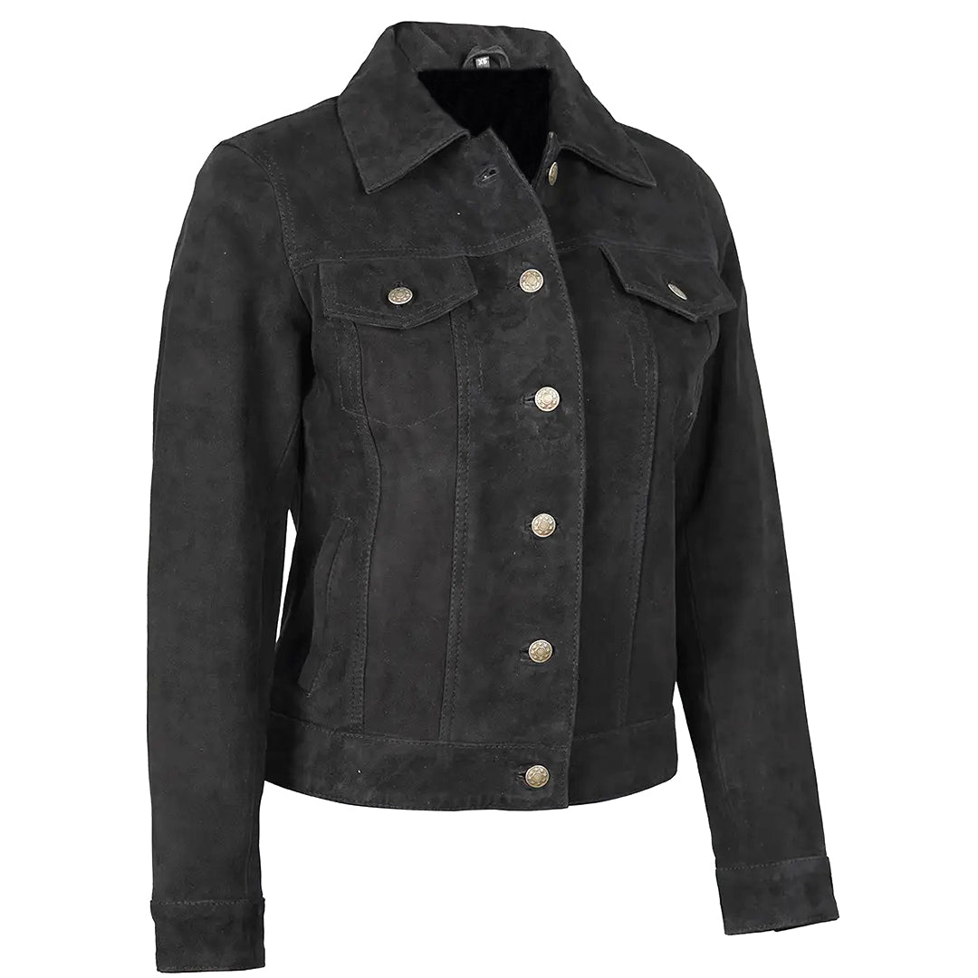 Women's Suede Trucker Leather Jacket | Black