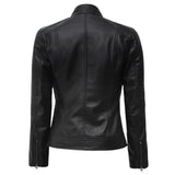 Women's Leather Cafe Racer Biker Jacket with Stand Collar, Padded Shoulders & Sleeves | Black