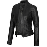 Women's Cafe Racer Motorcycle Leather Jacket, Stand Collar, Front Zipper | Black