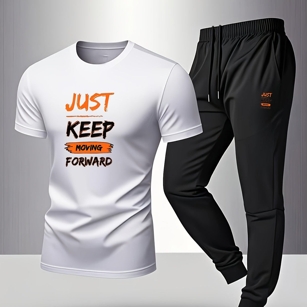 Men’s Breathable Athletic Set – White “Just Keep Moving” T-Shirt & Black Joggers
