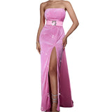 Velvet Sequined Cinched Waist Slim-fit Tube Top Banquet Dress