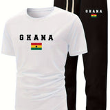 Men's Summer Casual Two-Piece Set, Men's Ghanian Print Short Sleeve T-Shirt with Comfortable Long Pants Fashion Outfit