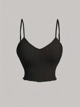 3pcs Elegant Solid Color Women's Cami Tops - Ribbed V-Neck, Sleeveless Spaghetti Strap Stretchy Top