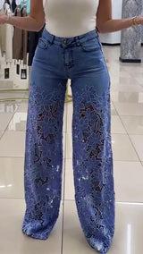 Women's Y2K High Waist Lace Hollow Out Wide Leg Jeans Floral Straight Leg Denim Trousers