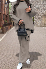Women's 2-Piece Knitted Co-Ord Lounge Set – Stitched Detail Sweater & Pants Outfit