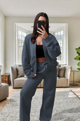 Women's Oversized Fleece Bomber Tracksuit  Zipper Jacket & Wide-Leg Pants Set