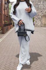 Women's 2-Piece Knitted Co-Ord Lounge Set – Stitched Detail Sweater & Pants Outfit
