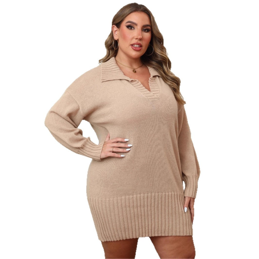 Plus Size Polo Collar Sweater Dress – Body-Hugging Knit Dress for Women