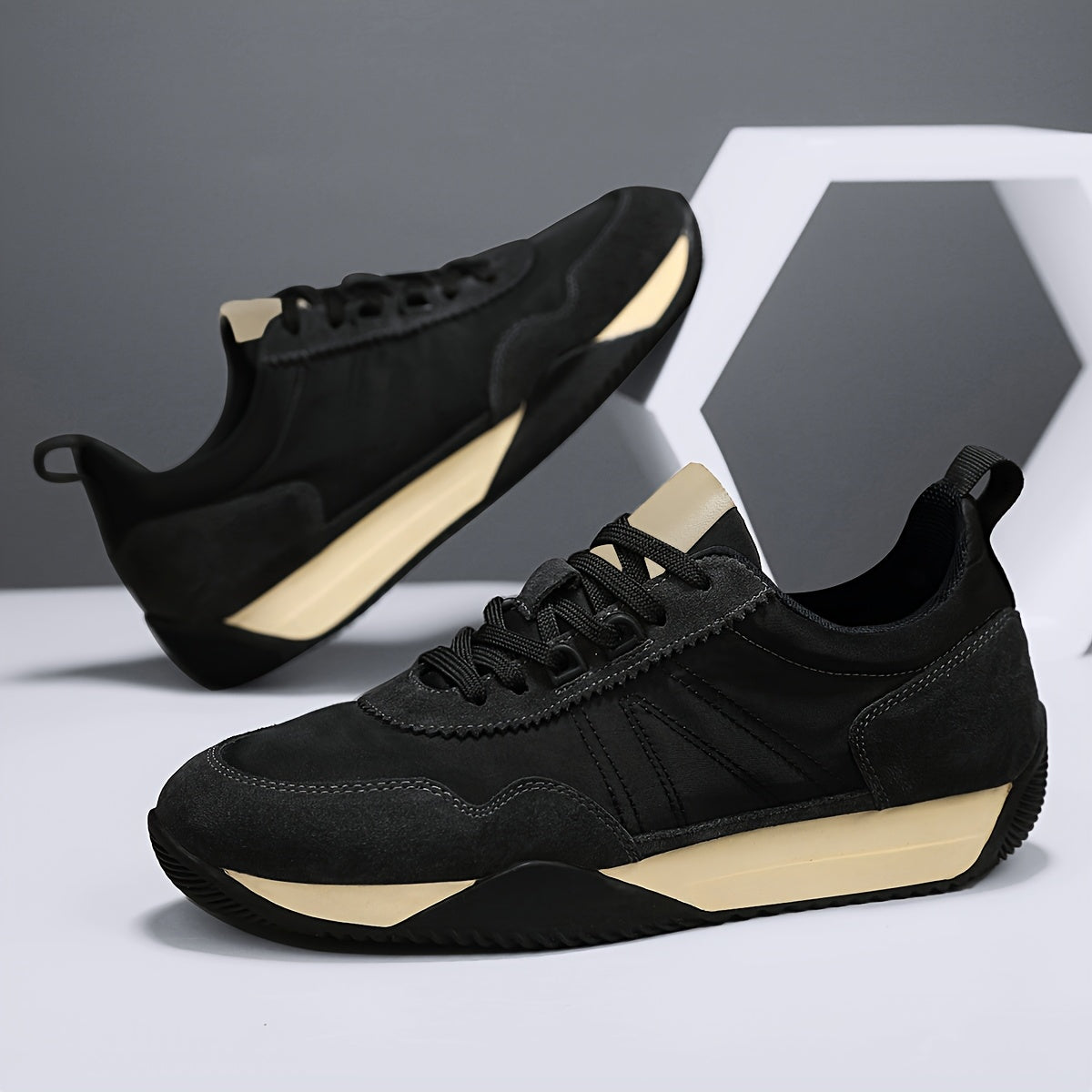 Stylish Men's Casual Hiking Shoes - Breathable Fabric Upper, Durable PVC Sole, Lace-Up Closure, All-Season Outdoor & Casual Attire - Black