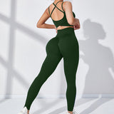 Women’s 2-Piece Fitness Set – Cross-Waist Leggings & Sports Bra Suit (6 Colors)